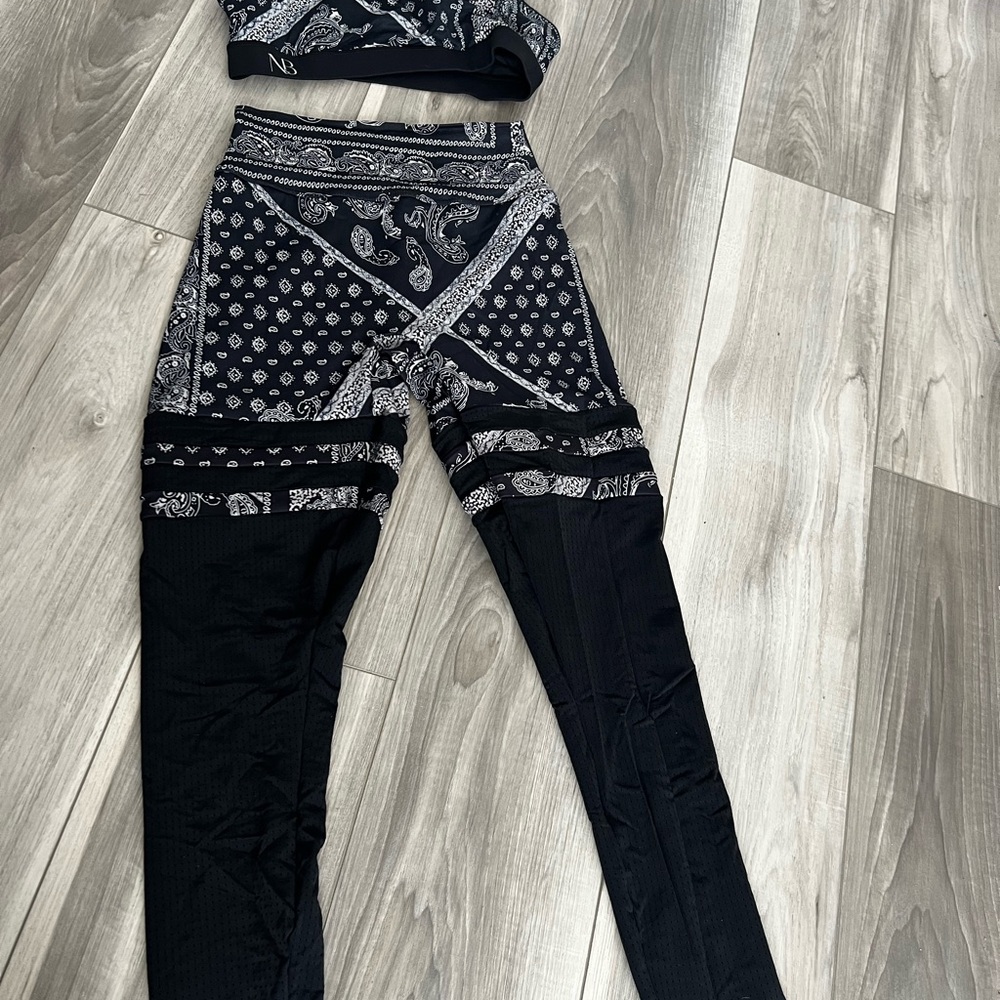 Black Paisley Women's Workout Set sheer bottoms on the black of the legs